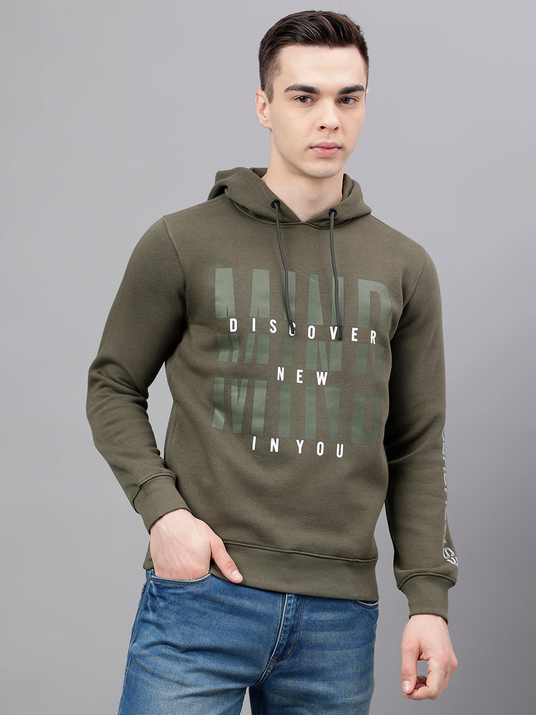Buy Men Olive Hooded Regular Fit Sweatshirt