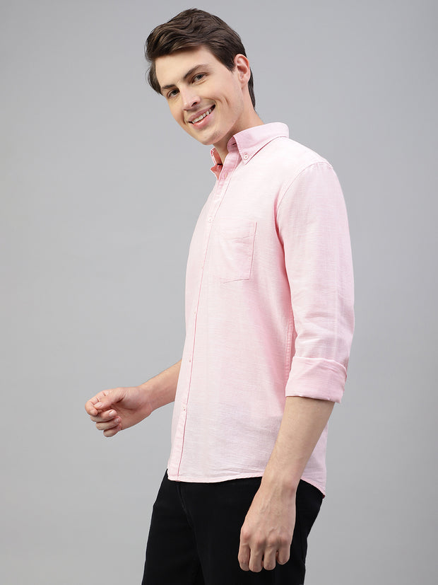 Men Baby Pink Regular Fit Solid Spread Collar Casual Shirt