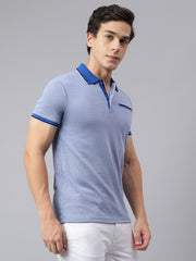 Men Blue Regular Fit Solid Polo Neck Casual T-Shirt