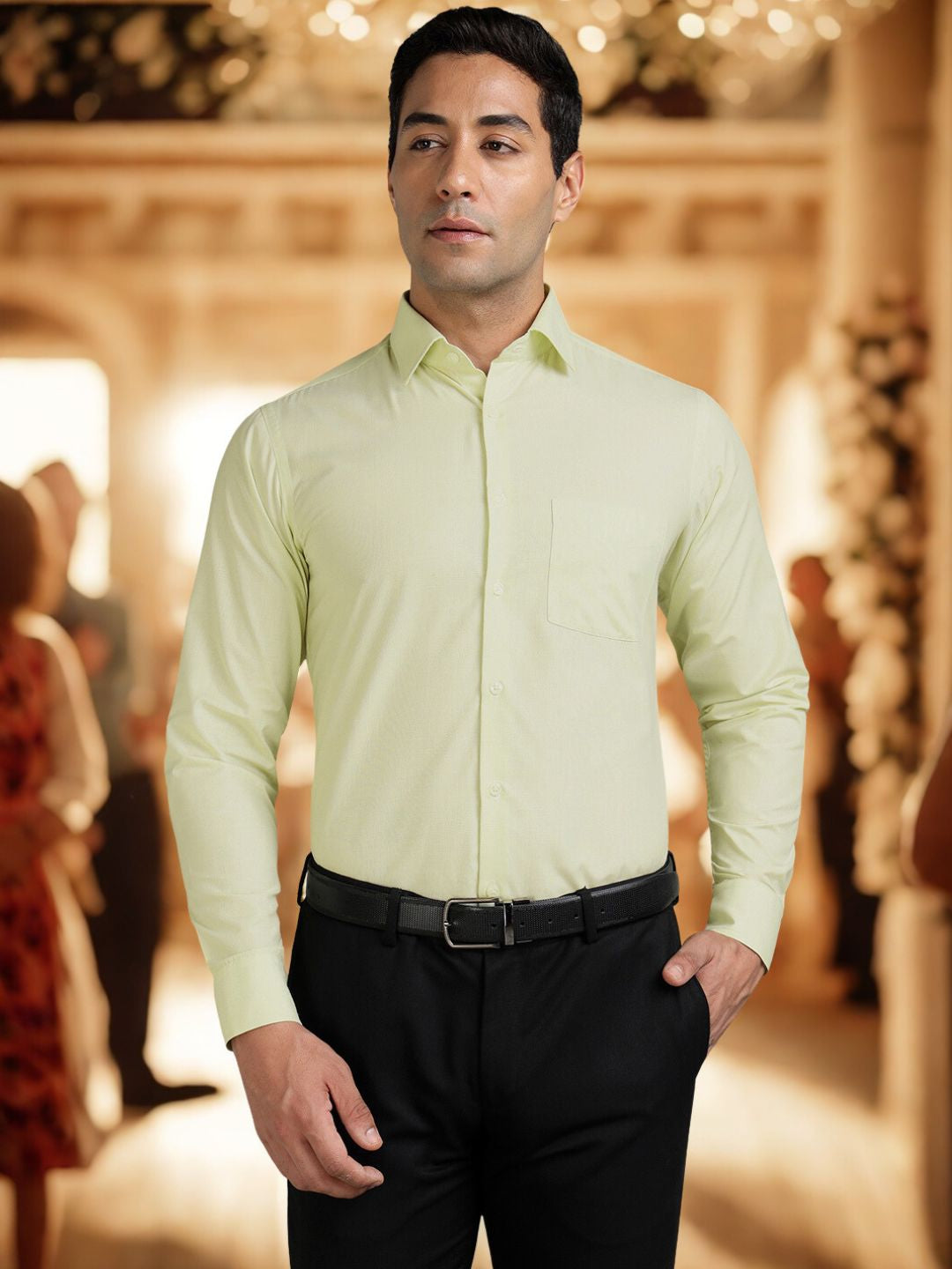 Buy Men Plain Lime Green Cotton Formal Shirt