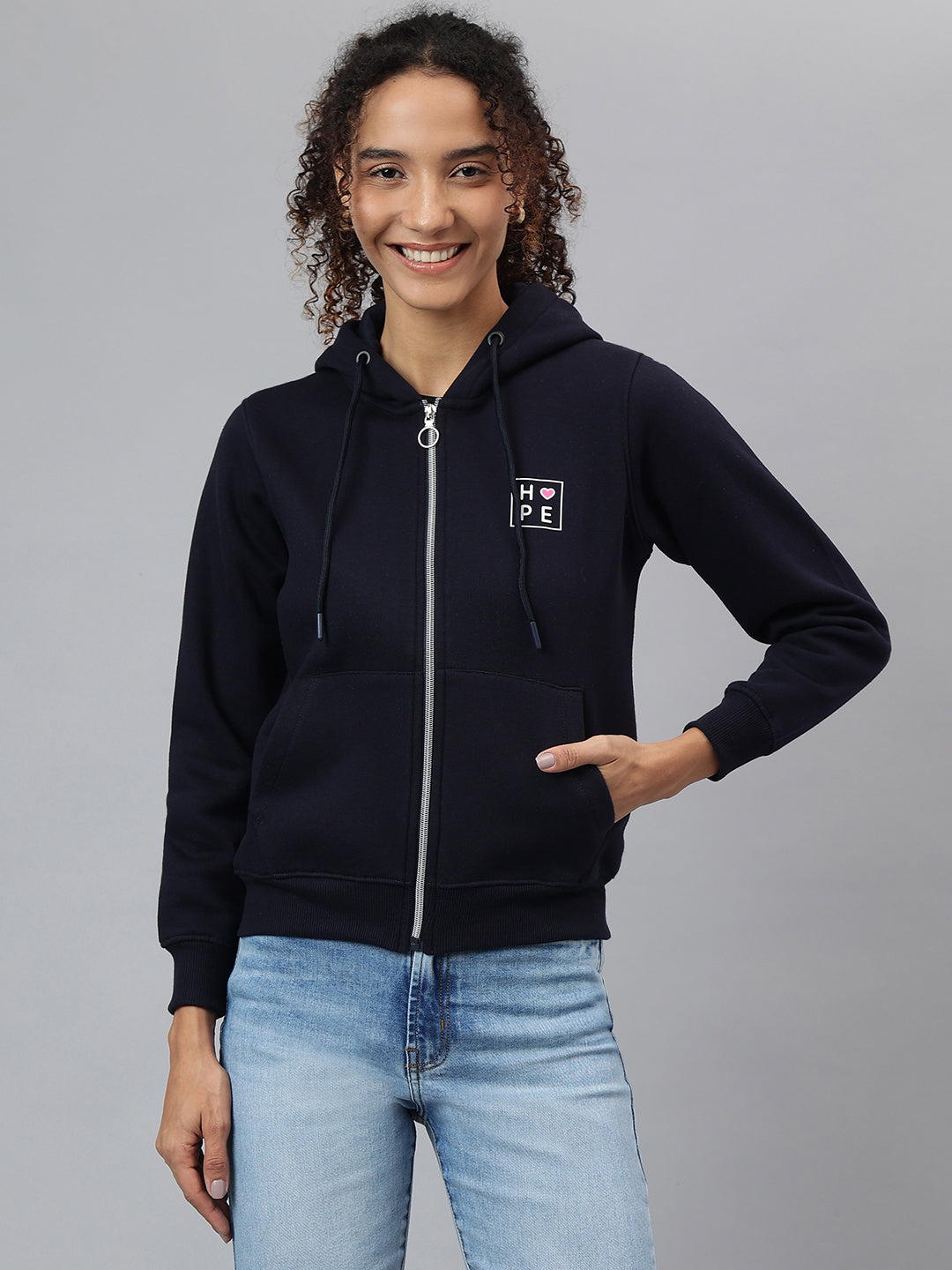 Women Navy Full Zipper Hooded Jacket - Main Image