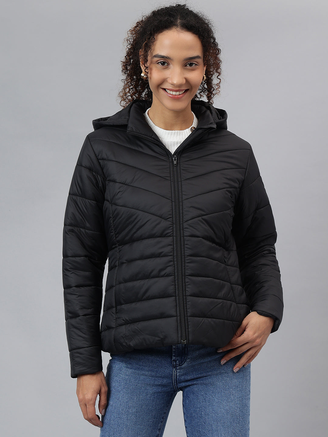 Buy Women Black Puffer Hooded Jacket