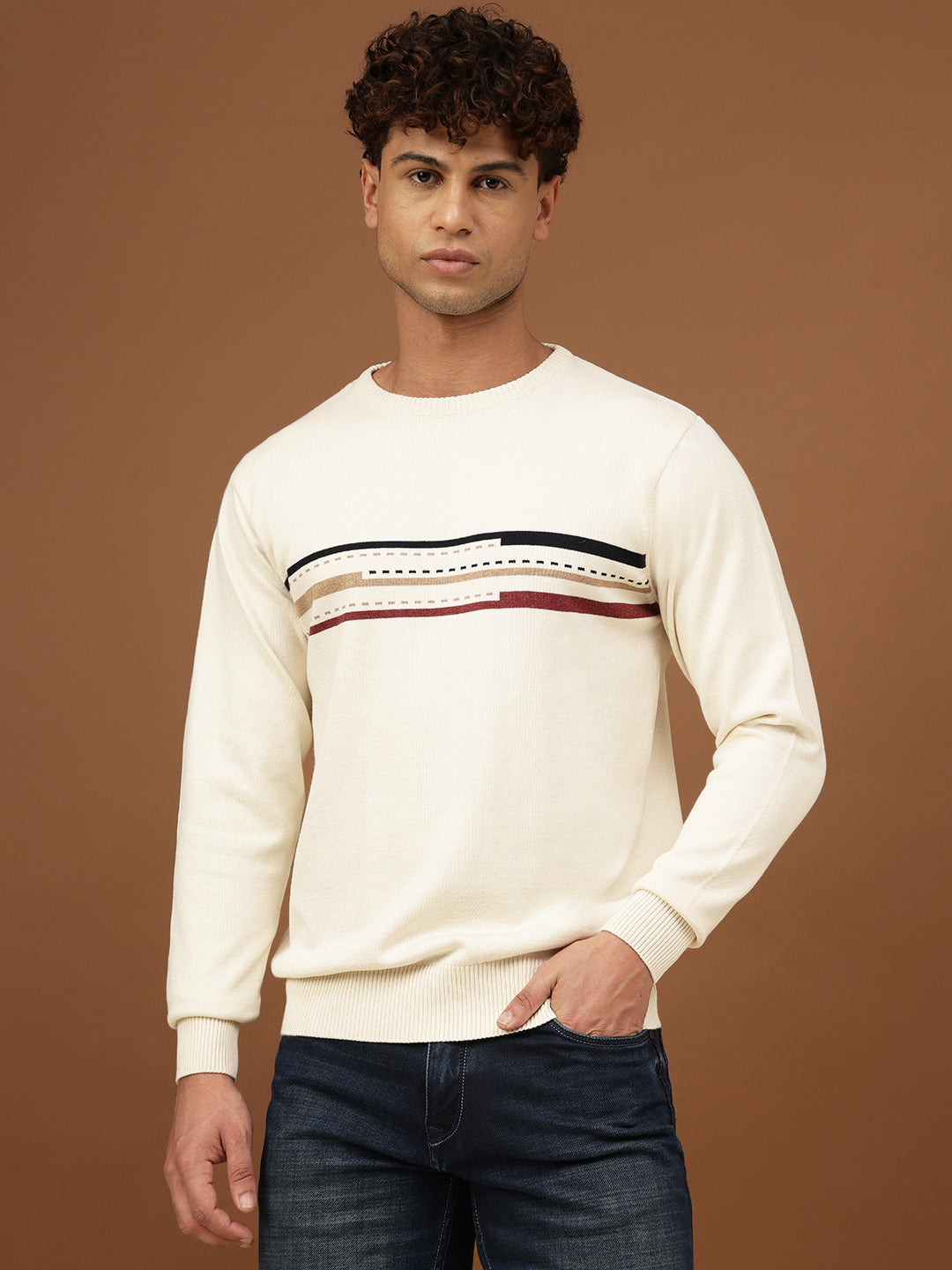 Men Ecru Crew Neck Sweater