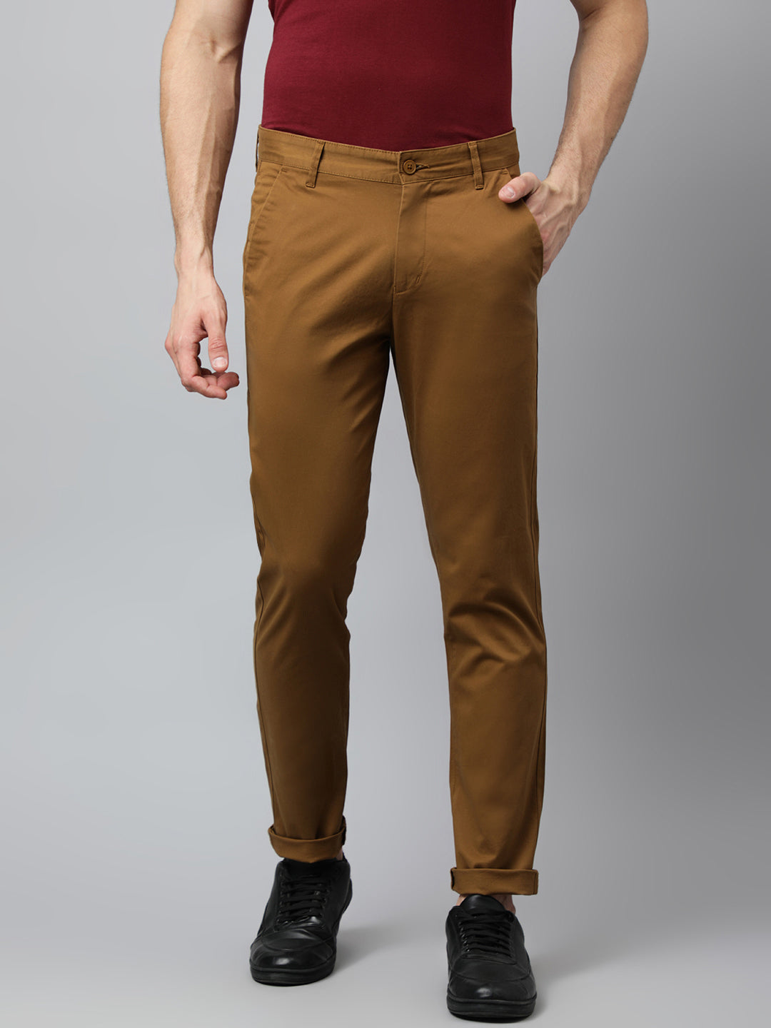 Khaki Color Pants For Men Men Dark Khaki Slim Fit Mid Rise Solid