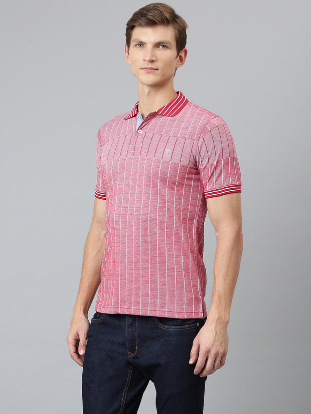 Men Red Regular Fit Striped Polo Neck T-Shirt