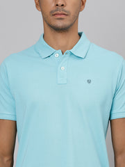 Men Sea Blue Regular Fit Solid Polo Neck T-Shirt
