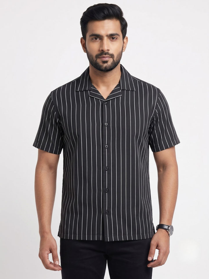 Men's Black Stripe Cuban Collar Half Sleeve Shirt