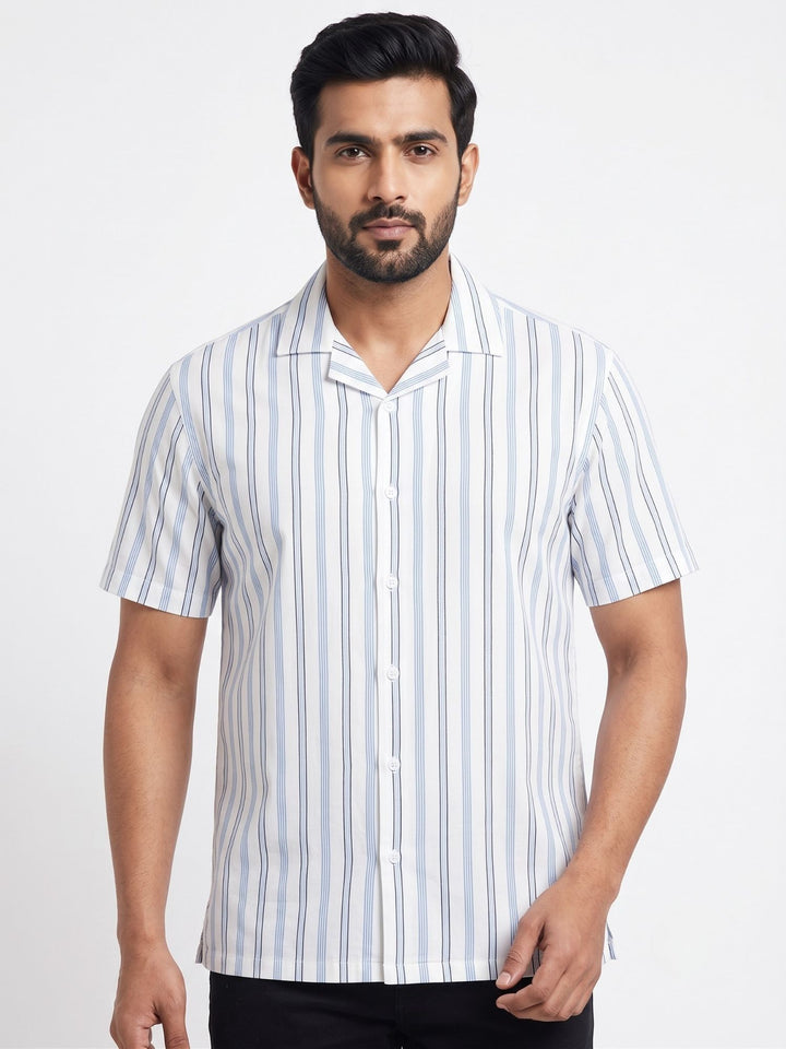 Men's White Stripe Cuban Collar Half Sleeve Shirt