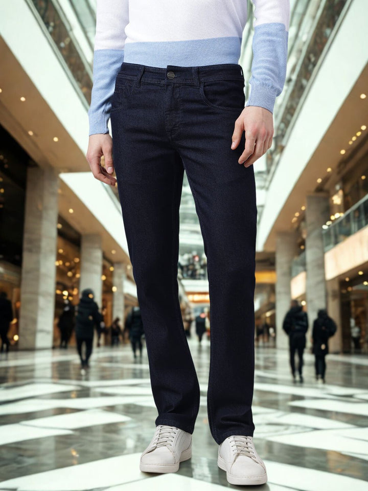 Men Navy Cotton Denim Straight Fit Jeans