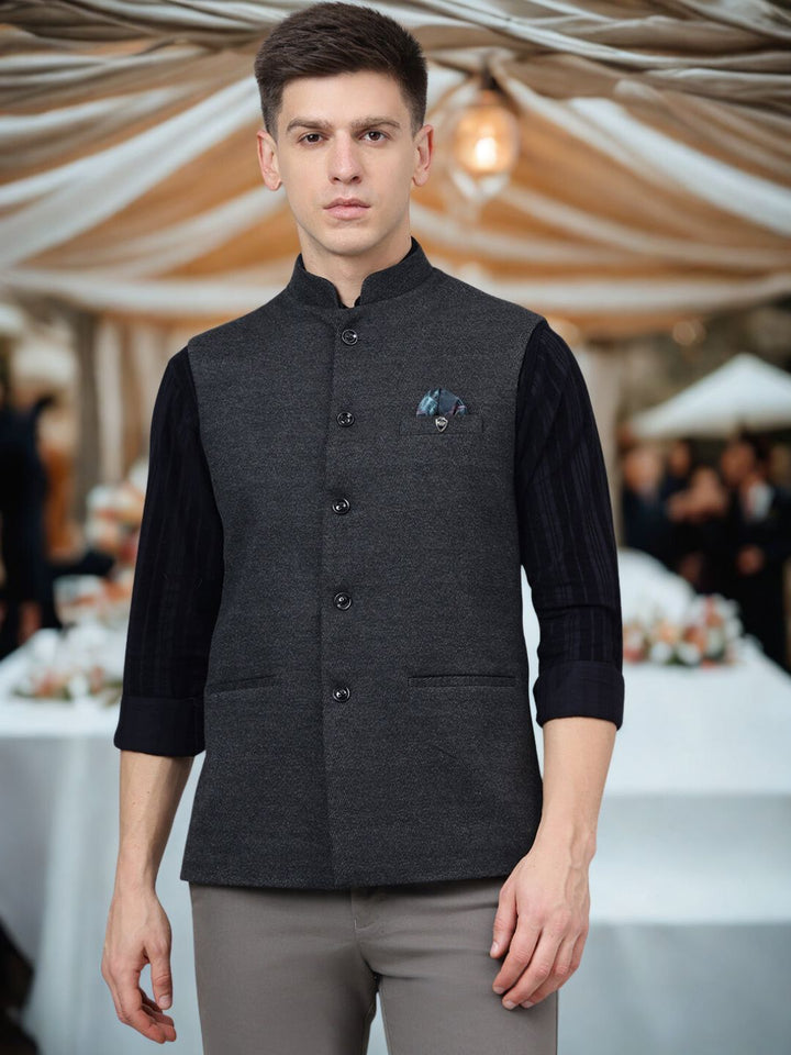 Men Dark Grey Regular Fit Nehru Jacket