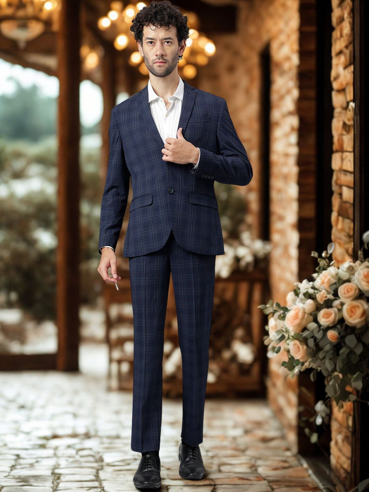Men Navy Regular Fit Checkered Two Piece Suit