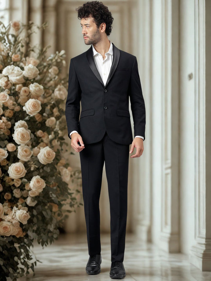 Men Black Regular Fit Solid Formal Two Piece Suit