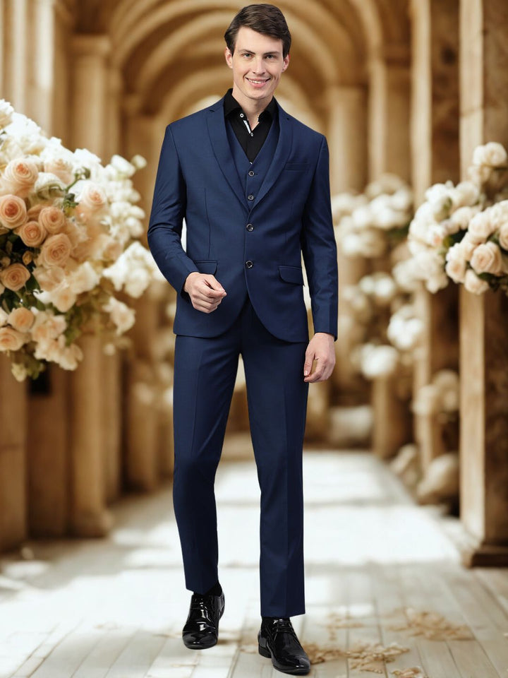 Men Blue Regular Fit Solid Three Piece Suit