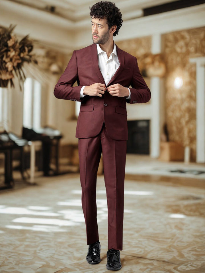 Men Wine Regular Fit Two Piece Suit