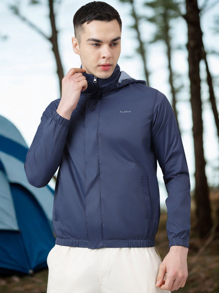 Men Navy Hooded Windbreaker Jacket