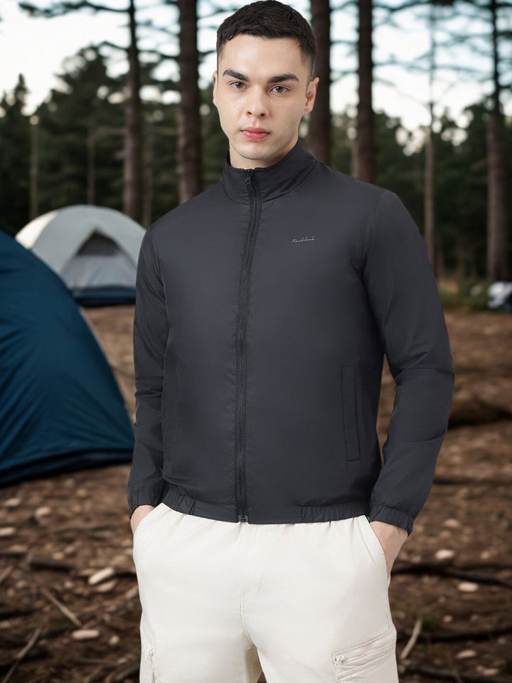 Men Plain Black Windbreaker Jacket