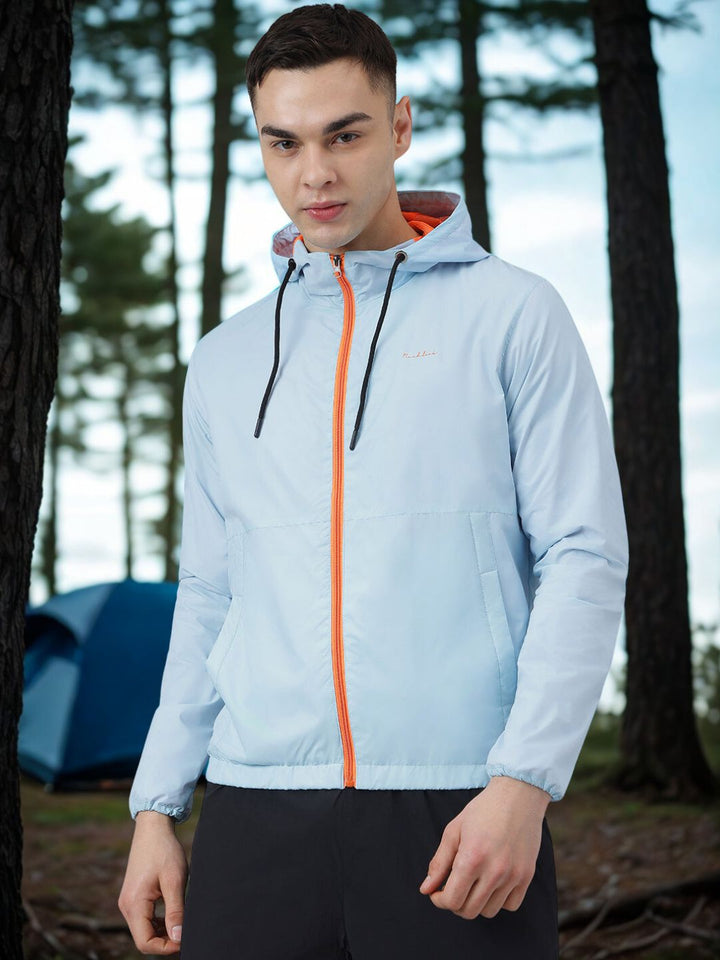 Men Sky Blue Hooded Windbreaker Jacket