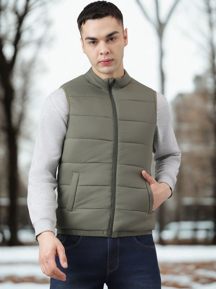 Men Olive Sleeveless Puffer Jacket