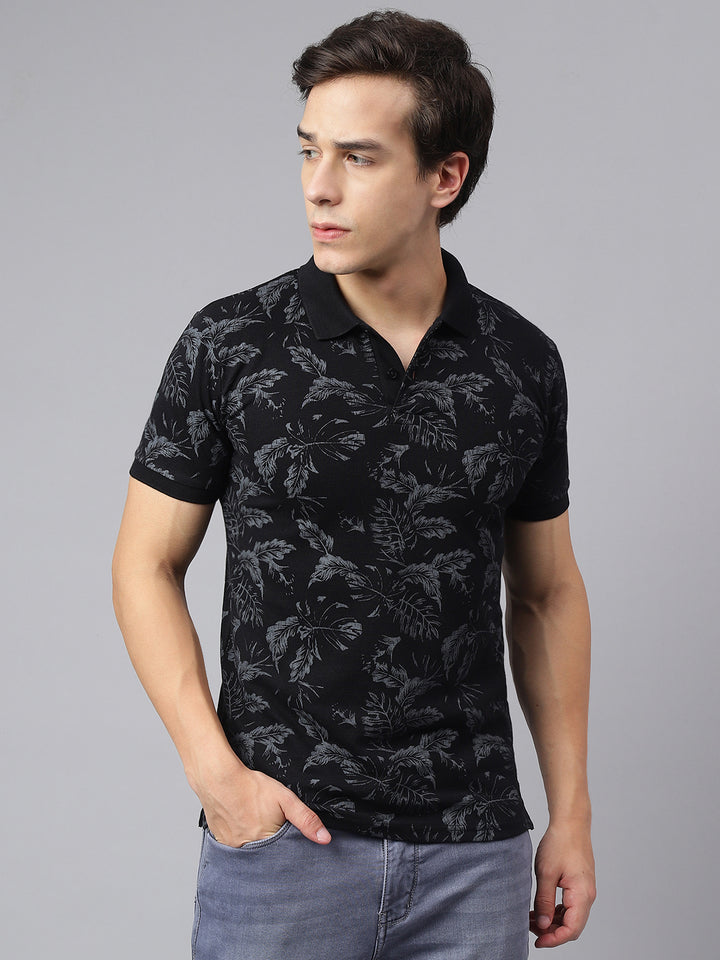 Men Black Regular Fit Printed Polo Neck Casual T-Shirt