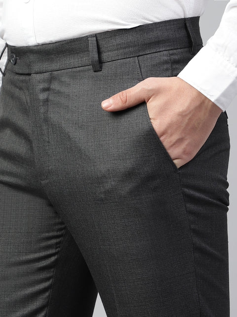 Men Charcoal Grey Regular Fit Solid Mid Rise Formal Trouser