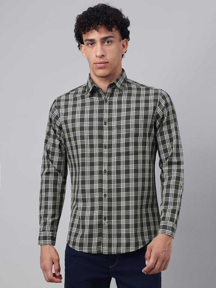 Men Olive Check Casual Shirt Bold Checks Lasting Comfort