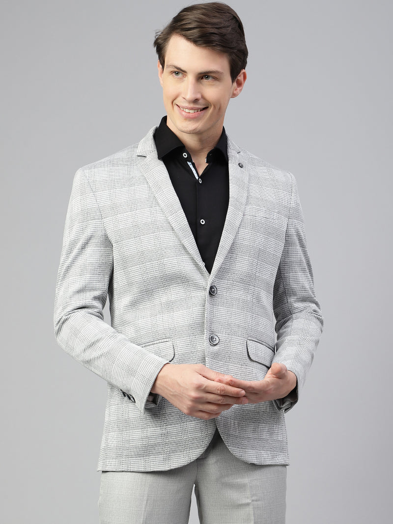 Men Grey Regular Fit Checkered Notched Lapel Casual Blazer