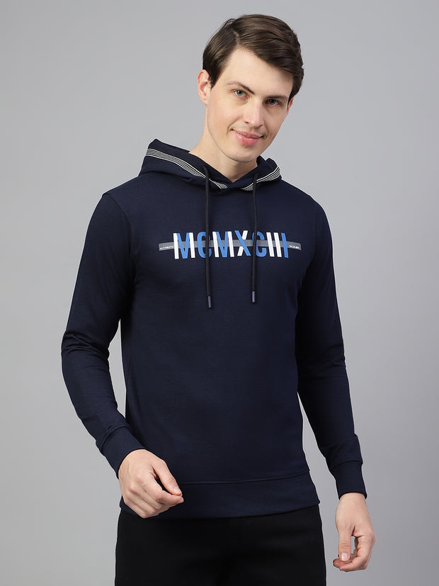 Men Navy Regular Fit Print Hoodie Casual Sweat Shirt