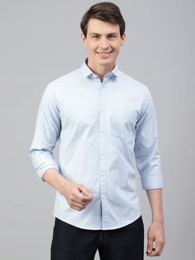 Men Ice Blue Regular Fit Solid Spread Collar Casual Shirt