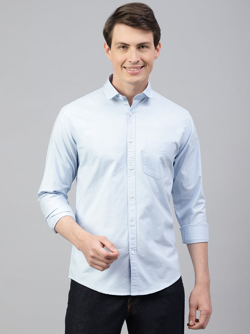 Men Ice Blue Regular Fit Solid Spread Collar Casual Shirt