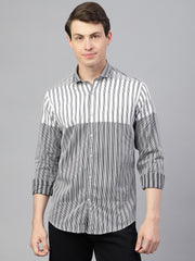 Men White Black Regular Fit Striped Spread Collar Casual Shirt