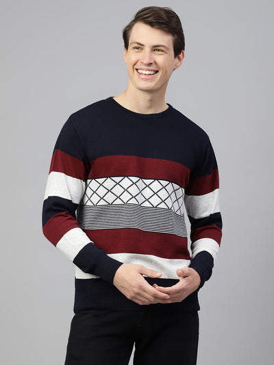 Men Navy Wine Regular Fit Solid Crew Neck Casual Sweater