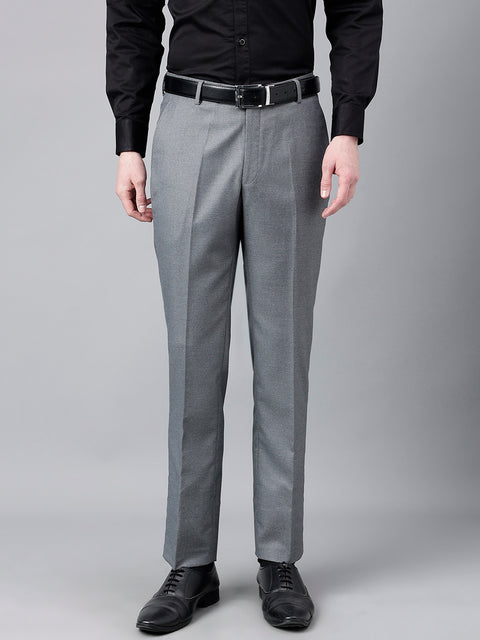 Men Grey Standard Fit Mid Rise Solid Formal Trouser
