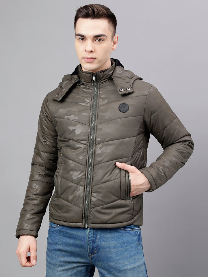 Men Olive Standard Fit Solid Hoodie Jacket