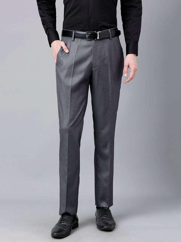 Men Charcoal Standard Fit Mid Rise Solid Formal Trouser