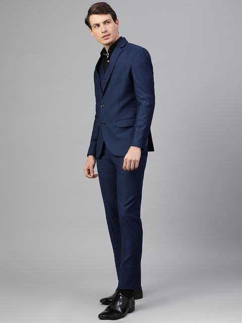 Men Blue Regular Fit Solid Notched Lapel Formal 3 Piece Suit