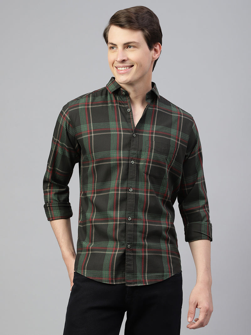 Men Black Green Regular Fit Checkered Spread Collar Casual Shirt