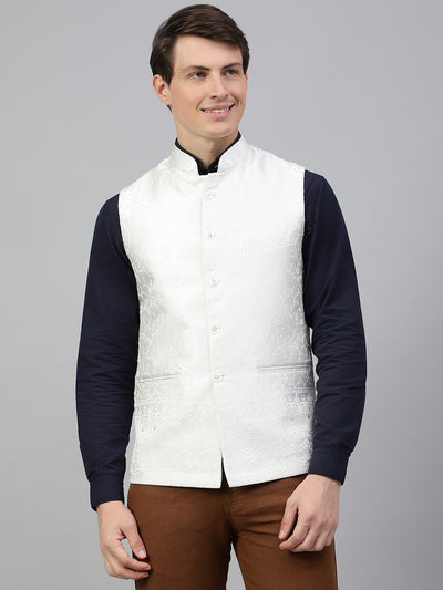 Men Cream Regular Fit Solid Stand Collar Club Wear Waist Coat