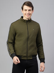 Men Olive Regular Fit Solid Stand Collar Casual Jacket