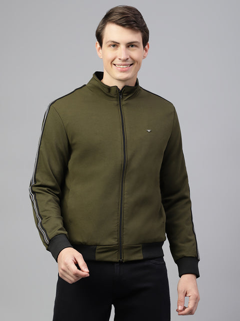 Men Olive Regular Fit Solid Stand Collar Casual Jacket