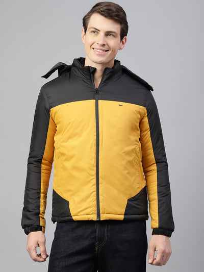 Men Black Ochre Regular Fit Solid Hoodie Casual Jacket