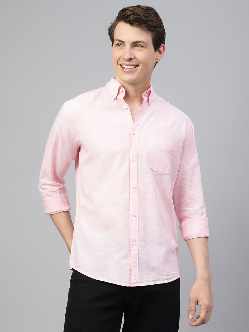 Men Baby Pink Regular Fit Solid Spread Collar Casual Shirt