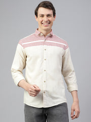 Men Cream Red Regular Fit Striped Spread Collar Casual Shirt