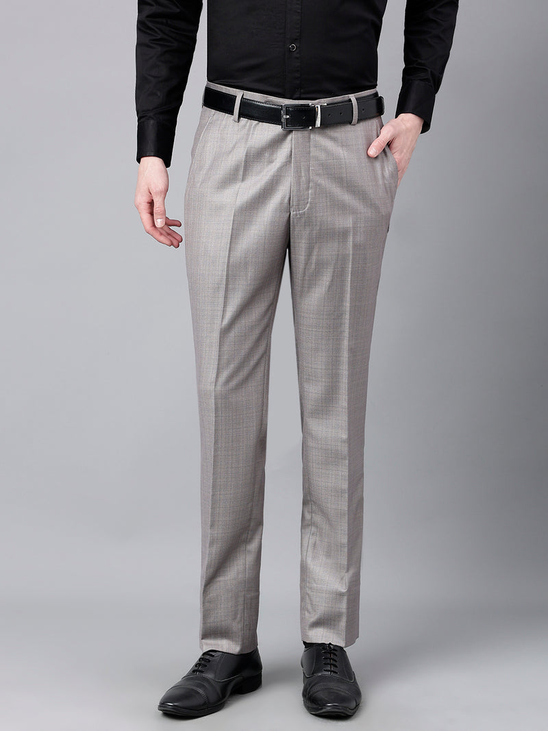 Men Grey Standard Fit Mid Rise Checked Formal Trouser
