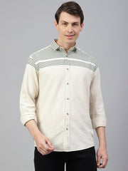 Men Cream Green Regular Fit Striped Spread Collar Casual Shirt