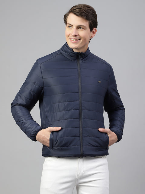 Men Navy Regular Fit Solid Stand Collar Casual Jacket