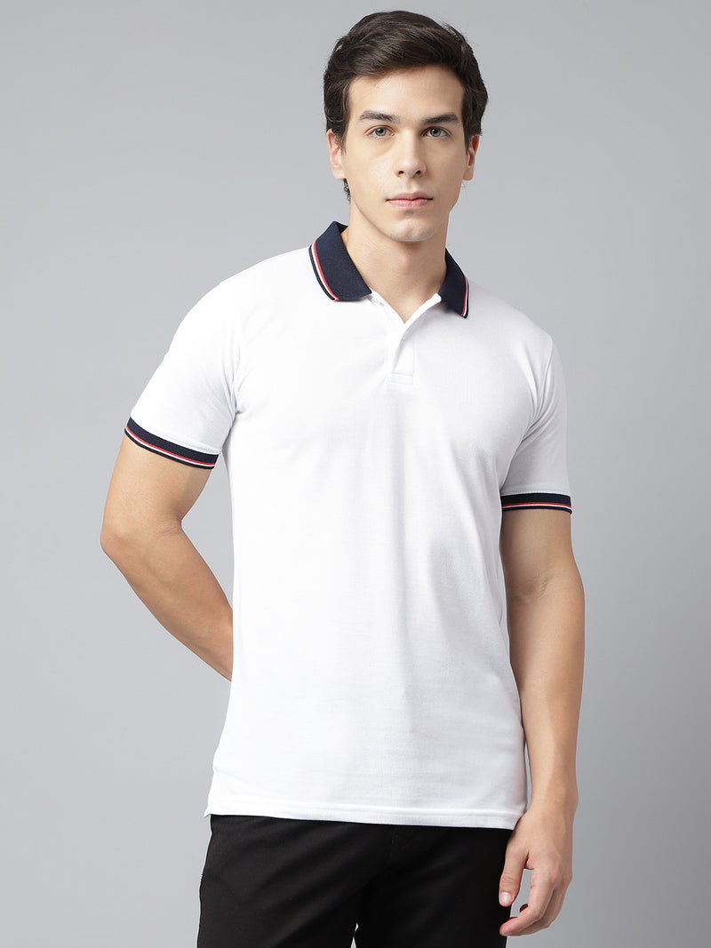 Men White Regular Fit Solid Polo Neck Casual T-Shirt