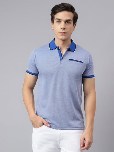 Men Blue Regular Fit Solid Polo Neck Casual T-Shirt