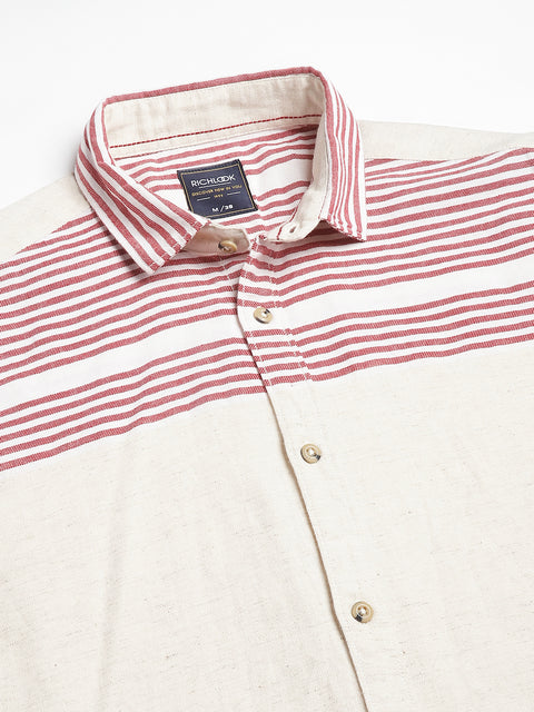 Men Cream Red Regular Fit Striped Spread Collar Casual Shirt