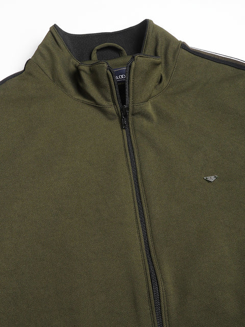 Men Olive Regular Fit Solid Stand Collar Casual Jacket