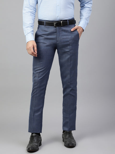 Men Blue Regular Fit Checkered Mid Rise Formal Trouser